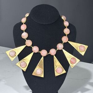 Tory Burch Statement Necklace Gold Tone Pink Modernist Runway Bold Resort Logo